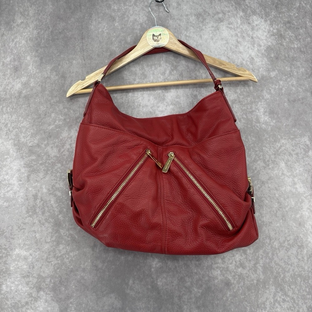 Michael Kors Fulton Large Red Pebble Leather Hobo Shoulder Bag Charm Tote...